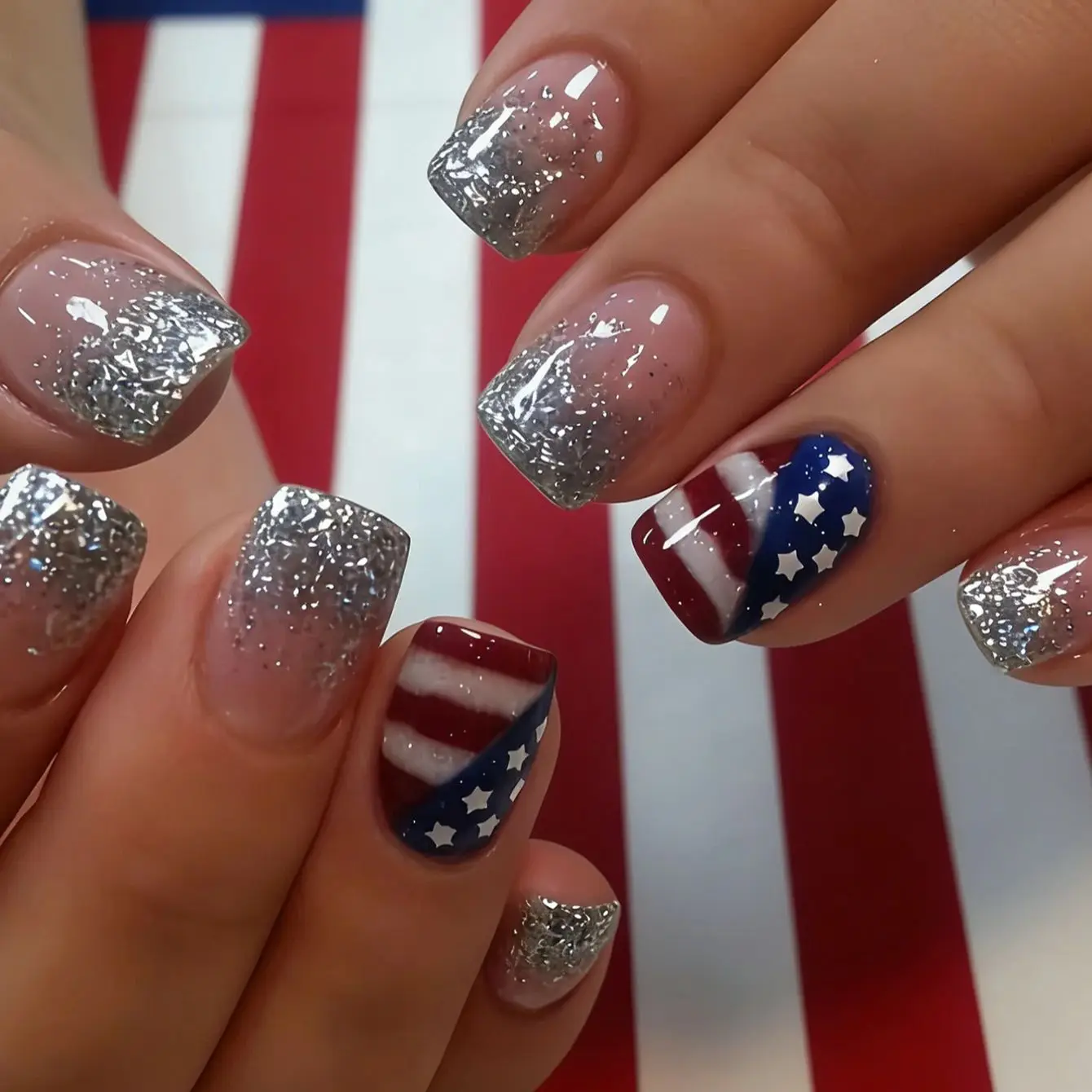 24 Uñas Postizas Cortas Cuadradas con Diseño del Día de la Independencia, Uñas Francesas con Brillo Plateado, Diseño de Bandera a Rayas Rojas y Blancas, Uñas Postizas con Diseño de Estrella, Aptas para Mujeres, para Citas y Uso Diario, Regalo del Día de la Madre, Juego de Uñas Postizas Removibles que Incluye Pegamento en Gel y Lima