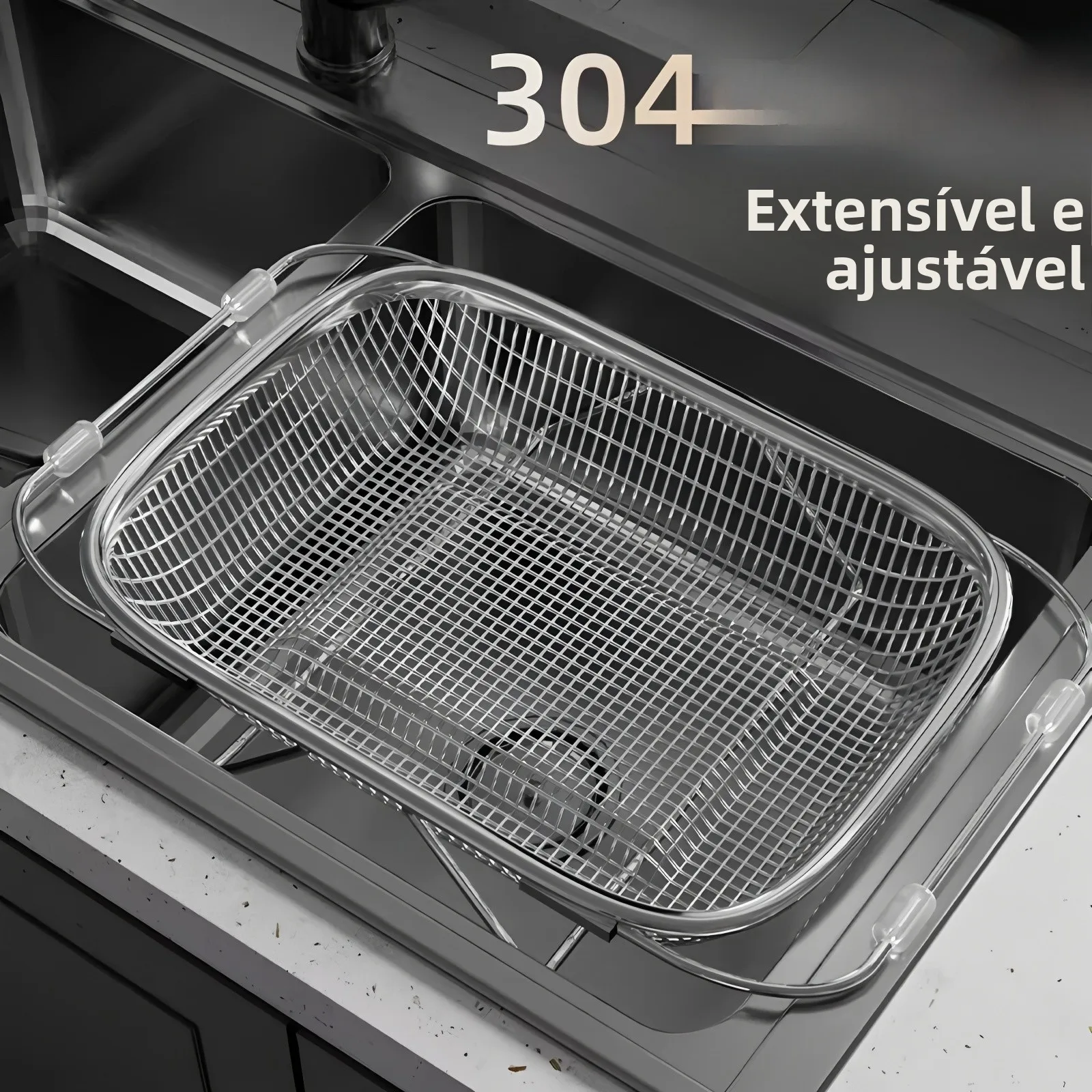 Cesto de Drenagem Expansível de Aço Inoxidável para Pia, Organizador de Bancada para Cozinha, Cesto para Louça e Lavagem de V...