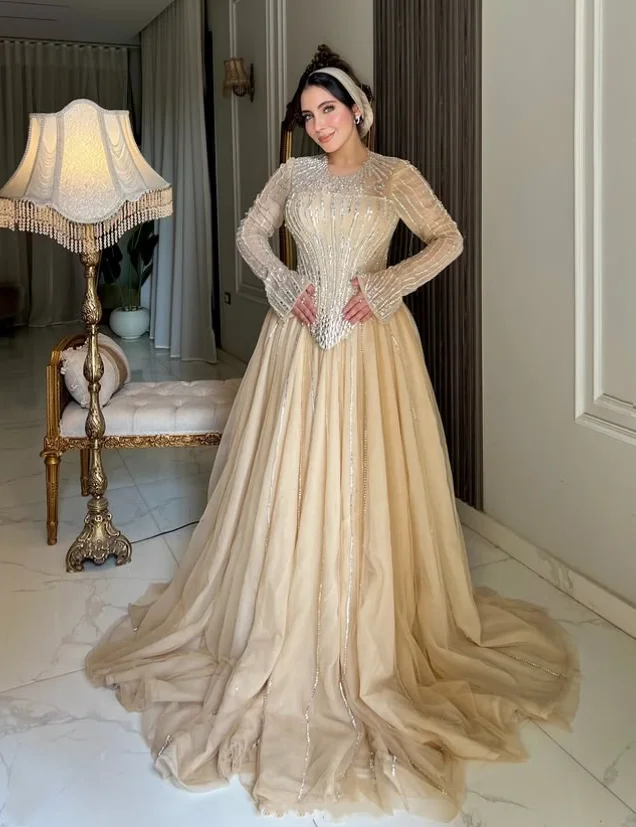 Sparkling Muslim Bridal Gown Champagne Round-neck Arabic Luxury Long-sleeved A-line Dubai Formal Evening Dress Customized