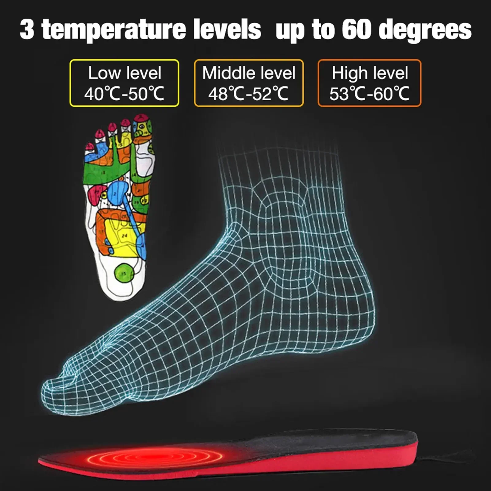 Palmilhas de sapato aquecidas USB para pés, Tapete de almofada quente, Aquecimento elétrico, Palmilhas térmicas, Temperatura sem fio, 3 velocidades