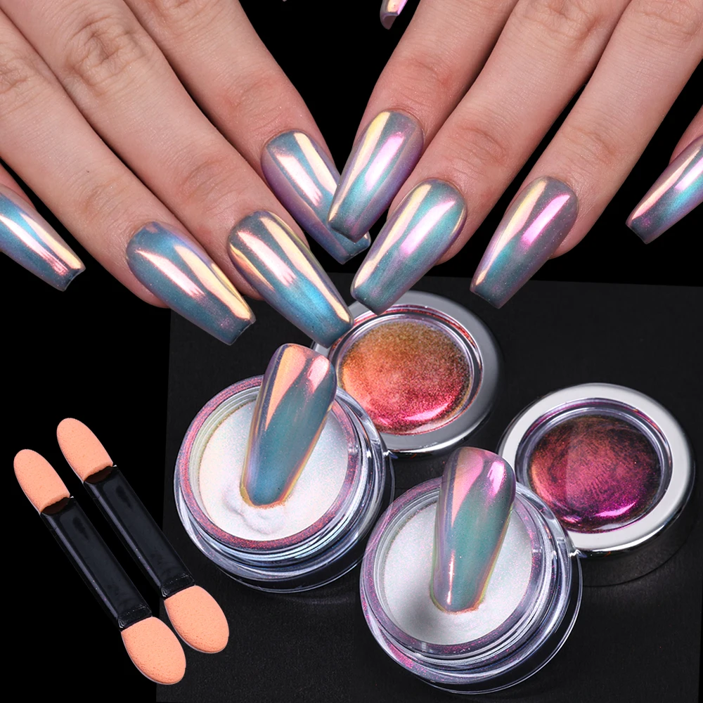 

2Colors Aurora Moonlight Nail Glitter Powder Rainbow Mirror Chrome Iridescent Pigment Dust Rubbing On Powder Manicure Decoration