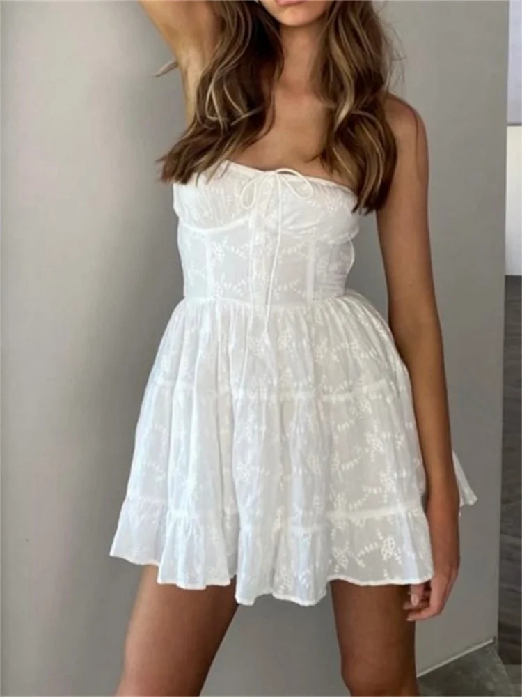 CHRONSTYLE Women Summer A-line Mini Dress Lace Strapless Off Shoulder Tie-Up Buttons Dress Fashion Backless Female Vestidos 2023