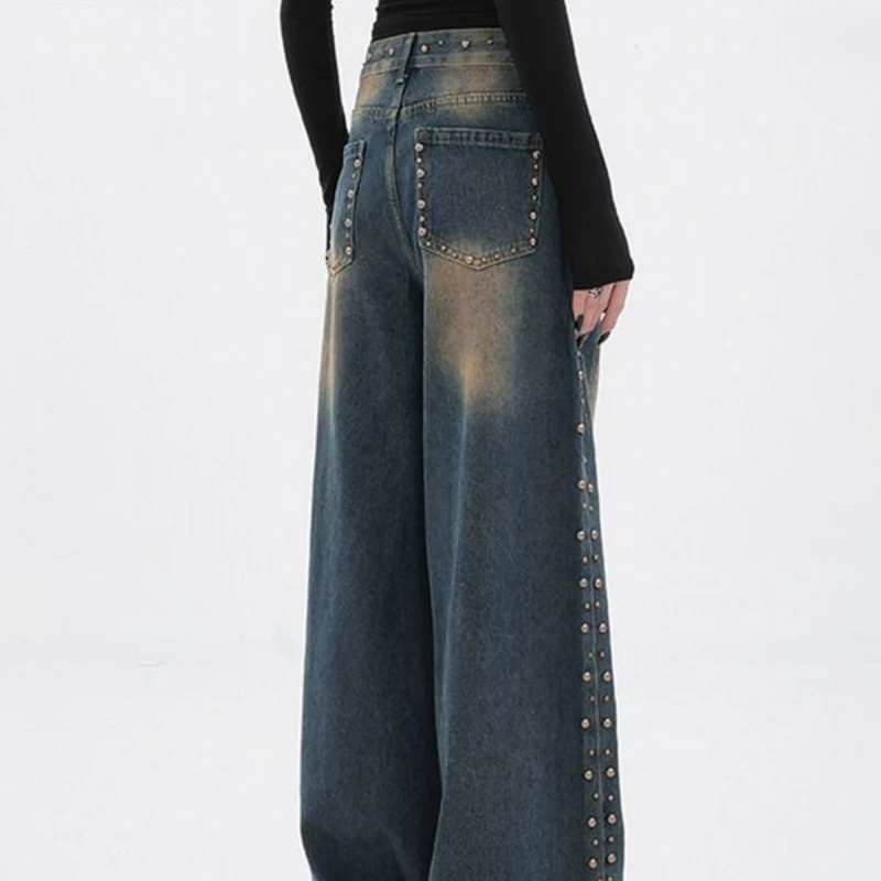 Oryginalne jeansy Retro Wash To Do Old Design Sense Rivet Jeans Loose Straight Leg Drop Wide Pants New Small High Waisted Baggy Jeans