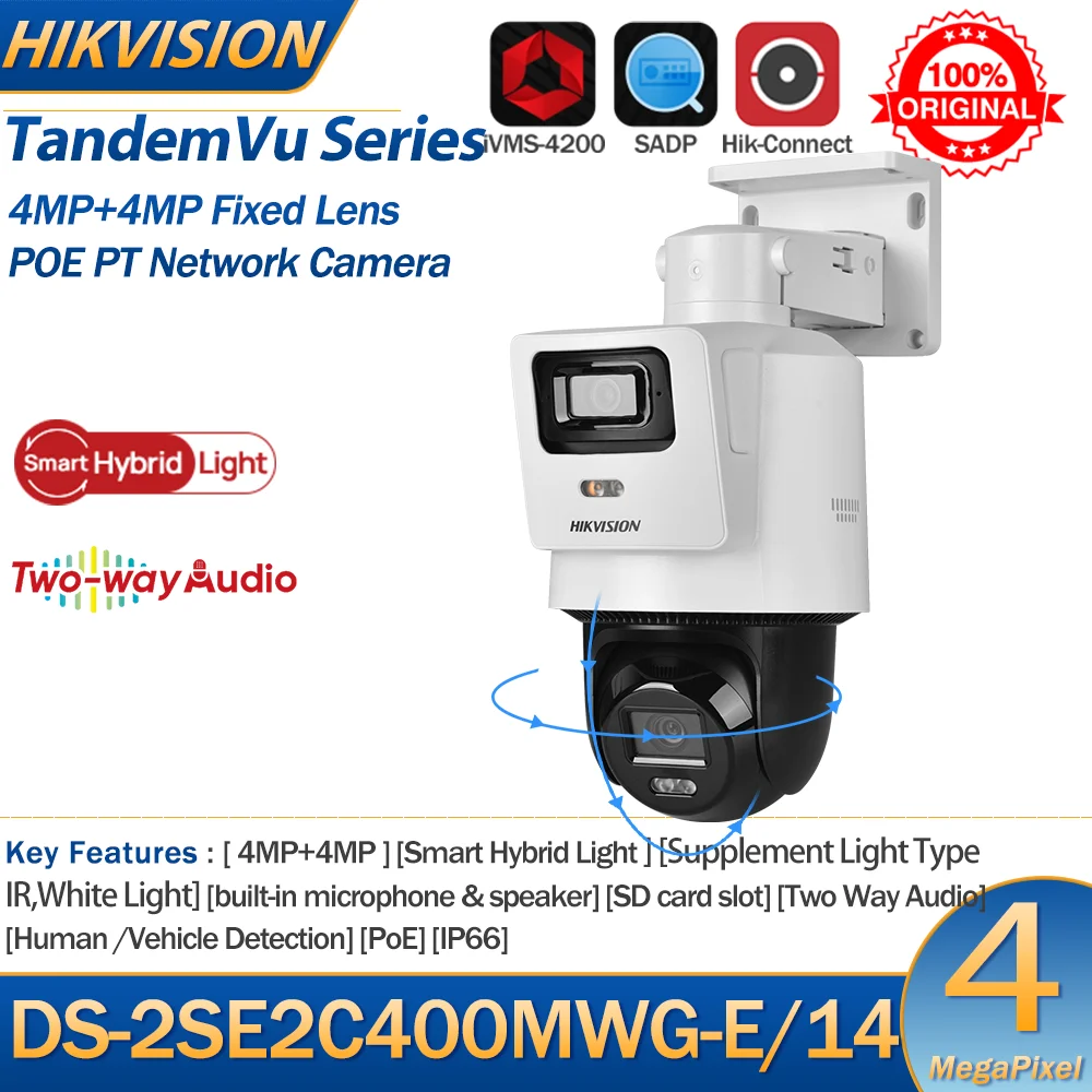 Hikvision DS-2SE2C400MWG-E/14 4MP+4MP TandemVu PT Camera Smart Hybrid-light Human Detection POE Camera Built-in Mic Speaker