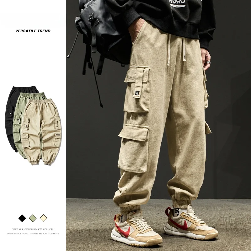 

Trendy Men's Workwear Pants Loose Cuffed Bla Casual Trousers Spring Autumn Multiple kets Youth Active Sle Cotton 00%