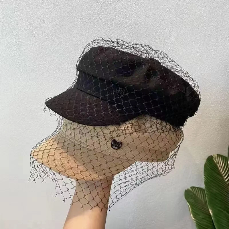 Boinas de mezclilla de lujo para mujer y niña, gorro plano con encaje de malla, moda urbana, sombrero de vendedor de periódicos negro y azul