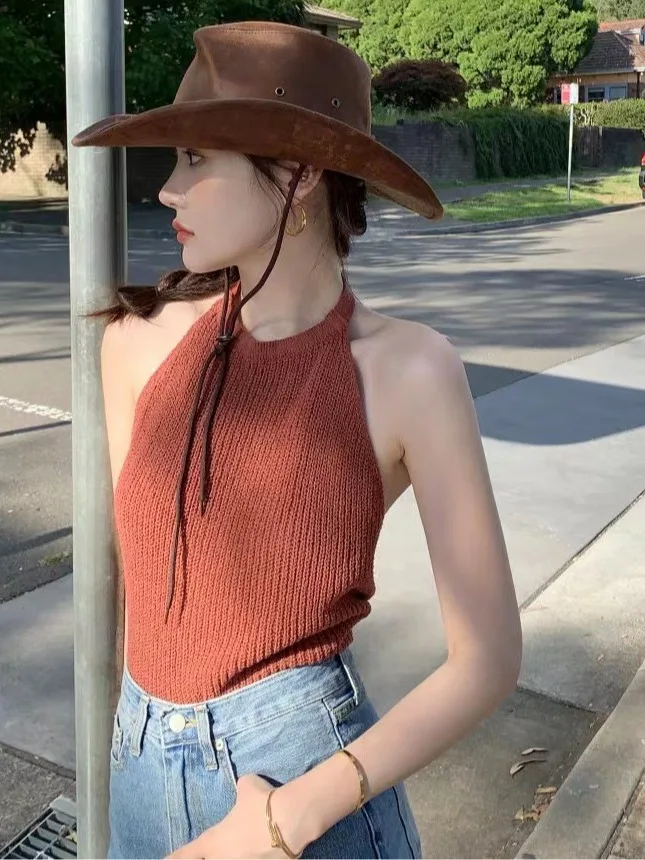 Chic Summer Knitted Bal Neline Strap Vest Top Women's Svel Faion Casual Loose Fit Pure Color Versatile Wear