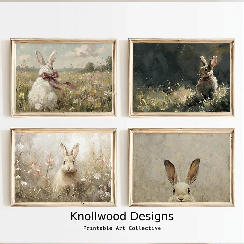 Vintage Animal Landscape Canvas Wall Art Rabbit Bird Retro Oil Painting Neutral Rustic Poster Nursery Farmhouse Bedroom Decor