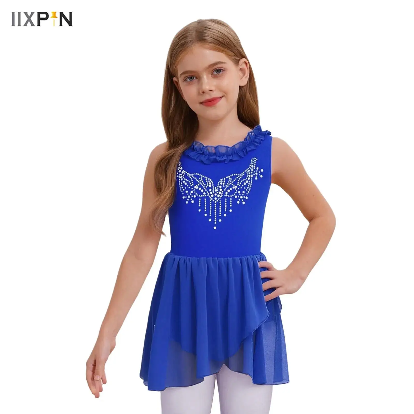 فساتين رقص الباليه للأطفال البنات بأحجار الراين المتلألئة وياقة مكشكشة بدون أكمام على شكل حرف U من الخلف لمنافسة الأداء