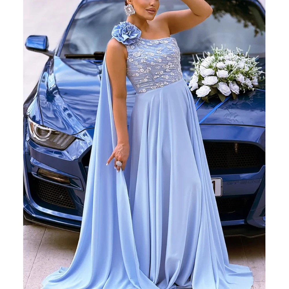 

Голубые вечерние платья для женщин, трапециевидное платье на одно плечо с цветком, элегантные вечерние платья с драпированным шлейфом, платье для выпускного вечера по индивидуальному заказу