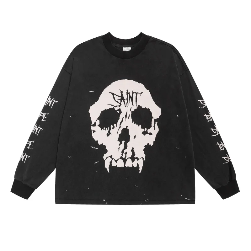 27SS Fashion Saint Black Streetwear Skull Unique Print Distressed Loose-Fit Long-Sleeve T-Shirt