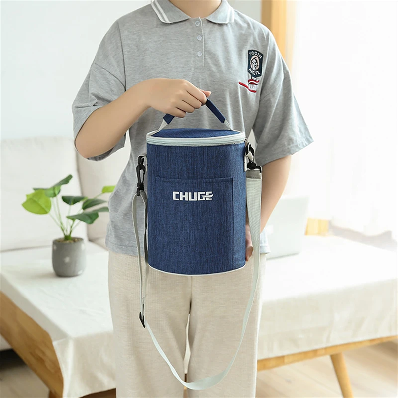 2 Sizes Portable Round Barrel Thermal Lunch Bag Student Office Worker Insulated Cooler Box Food Container with Shoulder Strap