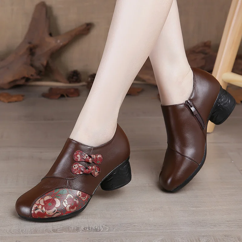 Cozy Retro Floral Low Heels Classic Pumps Women's Vintage Genuine Leather Shoes Ladies Handmade Bohemia Pumps Shoes Black Heels
