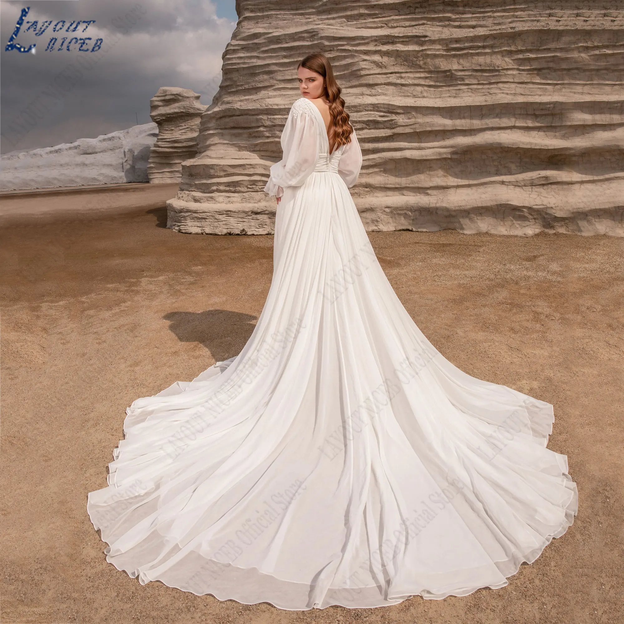 LAYOUT NICEB Full Puff Sleeves Bride Dress V-Neck Boho Chiffon Wedding Gowns Side Slit Plus Size Women vestido de casamento 2024