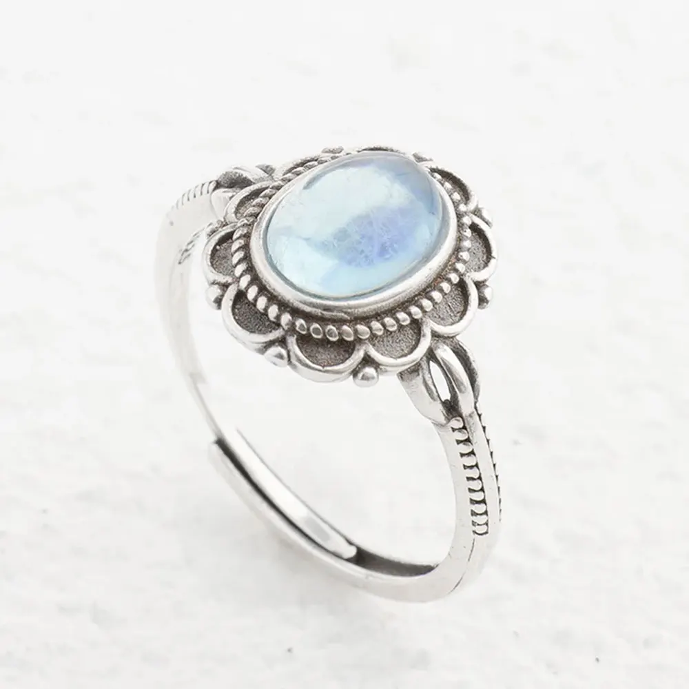 

Vintage 925 silver ring Paired with aquamarine, exquisite patterns, elegant high-end ladies' party jewelry gifts adjustable size