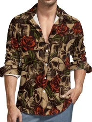 Camisa floral de manga longa caveira masculina, slim fit havaiano, estampa 3D, Harajuku casual, moda personalizada, roupas extragrandes, luxo