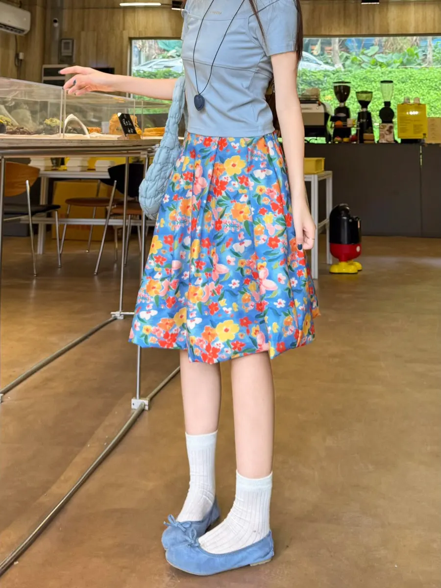 

New Chinese Retro Floral Print Puffy Flower f Skirt Women's Summer New Sle Vaion Loose Versatile A-Line Skirt