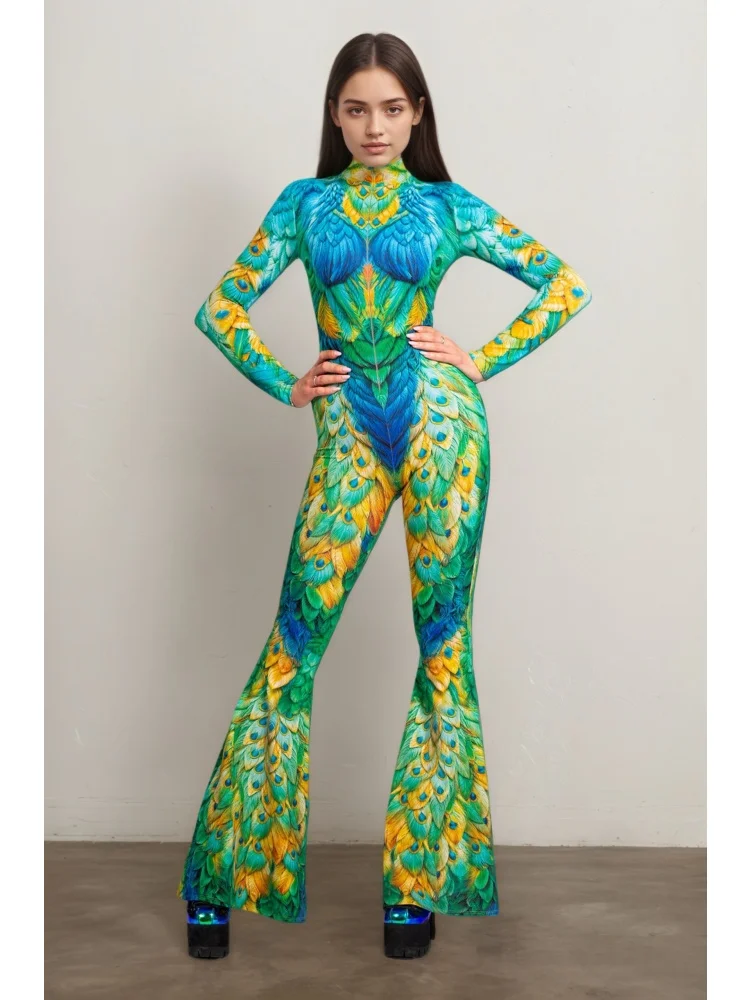 Mehrfarbiger Schlaghosen-Body mit Regenbogen-Effekt, ausgestellter Catsuit für Rave-Partys, Halloween, Schmetterlings-Skelett-Jumpsuit-Outfit 2026 – Detail 21