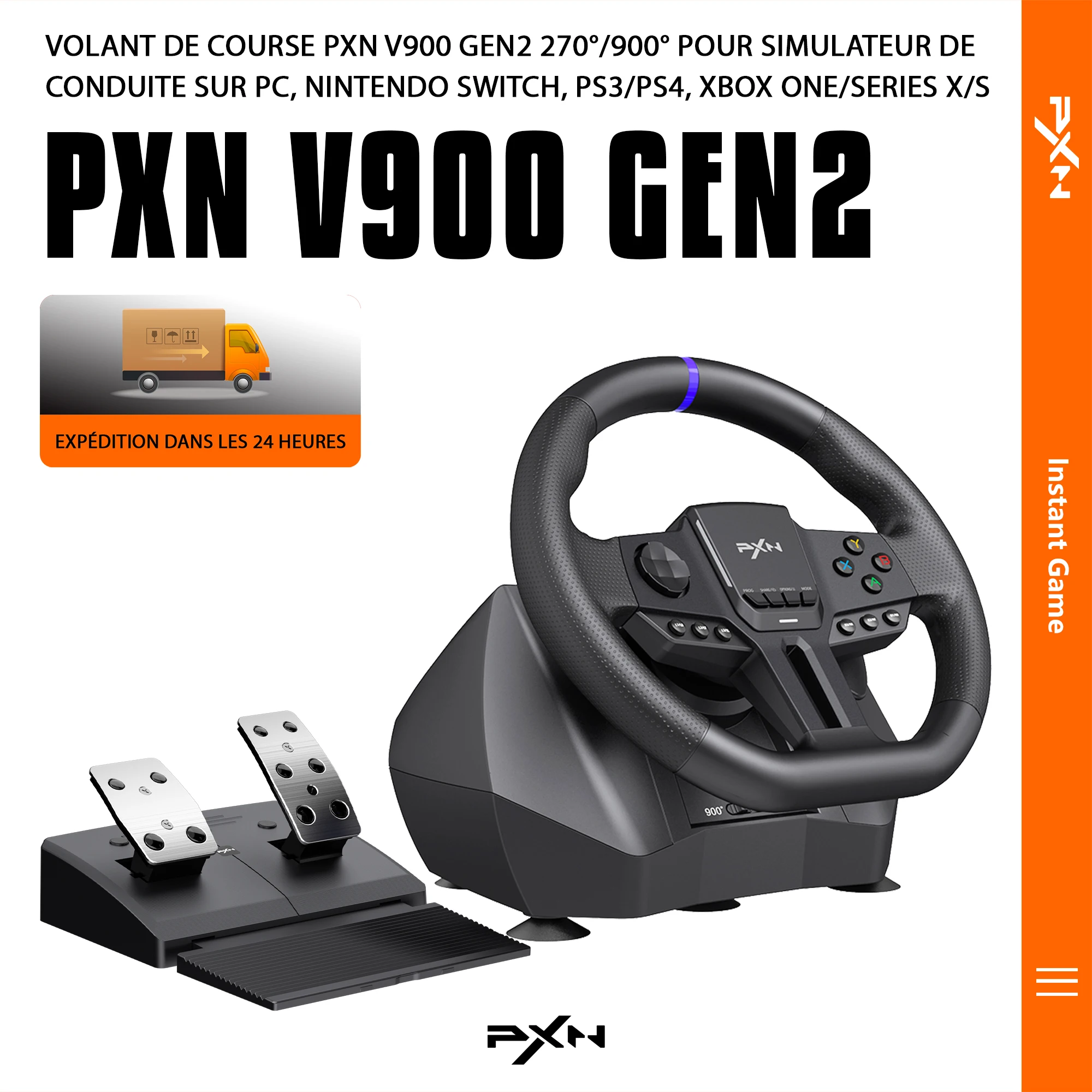Volant de course PXN V900 Gen2 avec pédales à effet Hall, contrôle USB 16 bits, 270° ° /900 °   Rotation, vibration, application pour PC/Xbox/PS4/PS3/Switch