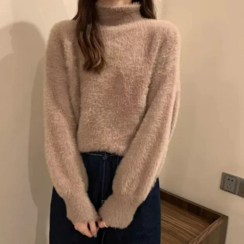 Autumn Winter Knitting Shirts Women Sweaters Fashion Female Long Sleeve Mock Neck Casual Pullover Mohair Knitted Sweater