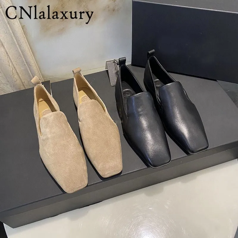 CNlalaxury 2024 New Fashion Women England Style Shoes Genuine Leather Square Head Flat Loafers Casual Solid Simple Shoes Female