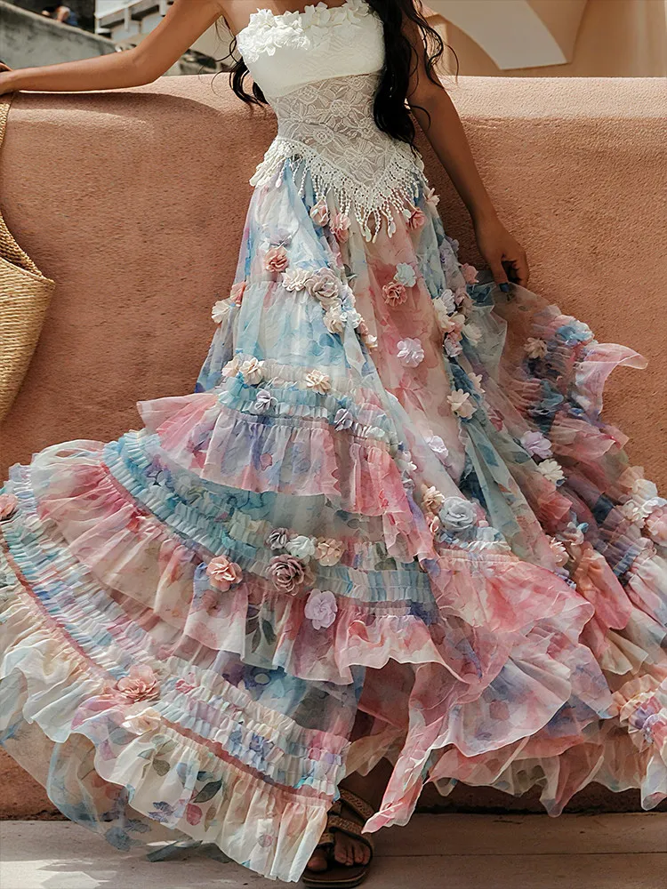 TIYIHAILEY Women Long Maxi Mesh Skirt Elastic High Waist Layer Skirt Flowers Ball Gown Ladies Irregular 3D Floral Embellishment
