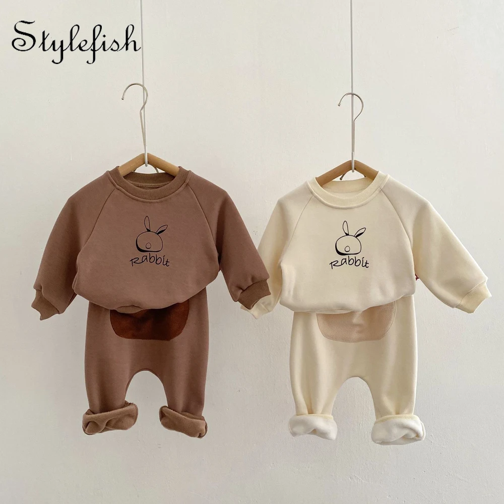 

Ins 2022 winter clothes baby rabbit print set boys and girls Plush thickened top pants 2-piece set