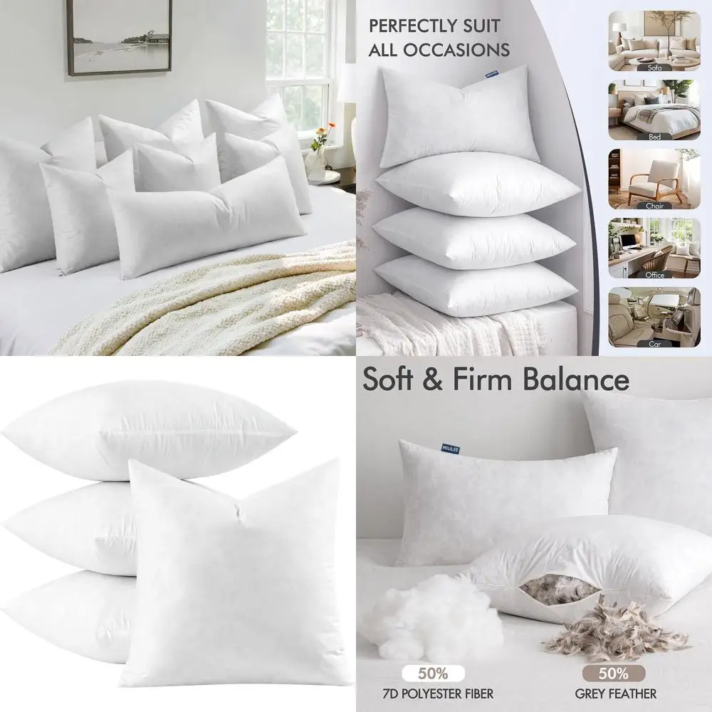 4個セット、26x26インチのユーロピローインサート - 羽毛とポリコットンの混合、コットン生地、装飾的な正方形のクッション、ソファ用