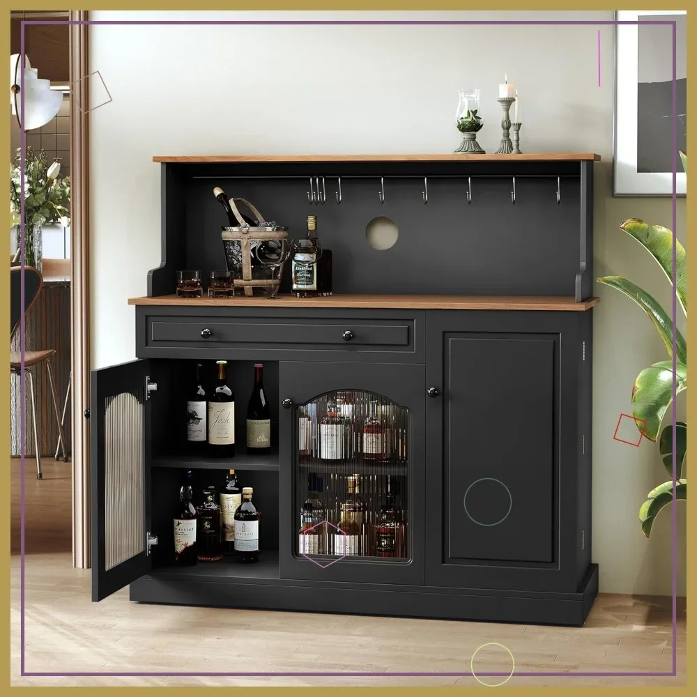 

48" Modern Farmhouse Coffee Bar Cabinet with Hutch, Drawers & Glass Doors - Adjustable Shelves for Living Dining Room