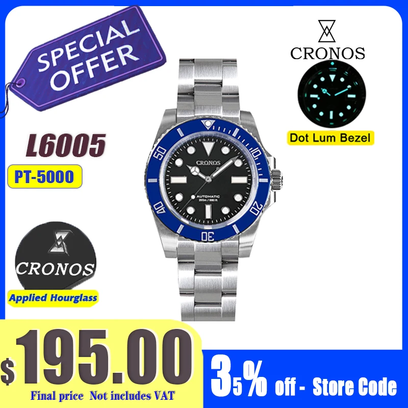 

Cronos Sub Diving Мужские автоматические механические часы без даты PT5000 Матовый браслет Керамический безель 200 м Водонепроницаемая скользящая застежка L6005