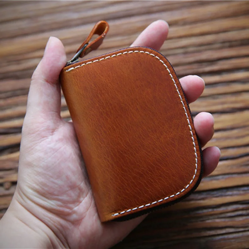 Dompet kunci kulit asli 100% untuk pria, Dompet kunci mobil ritsleting pendek buatan tangan Vintage, tas tempat kartu pengatur Rumah Tangga pria