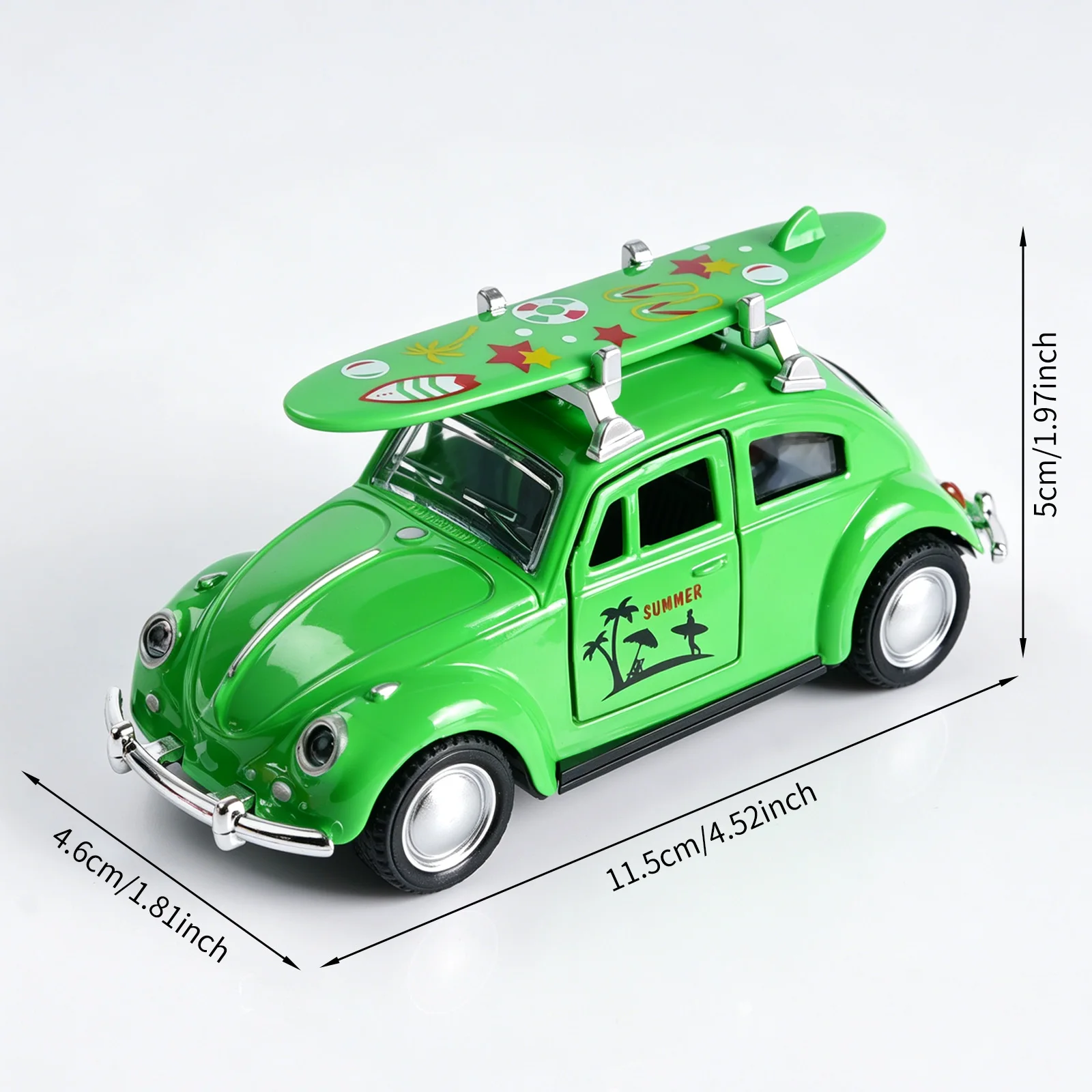 Retro Green Beetle Diecast Car, 1:36 Scale Alloy Pull-Back Model with Surfboard, Open Doors, Summer Beach Toy for Kids view 6