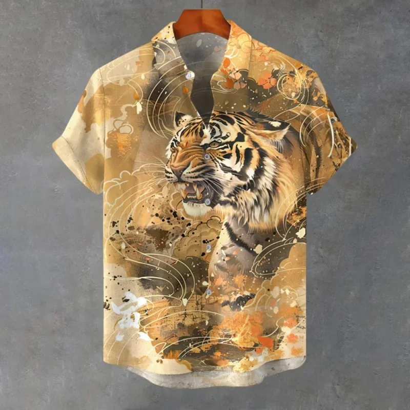 New Men's Luxury Linen Shirt Retro Short-Sleeved Top 3D Tiger Print Checkered Casual Shirt Men's Clothing Top
