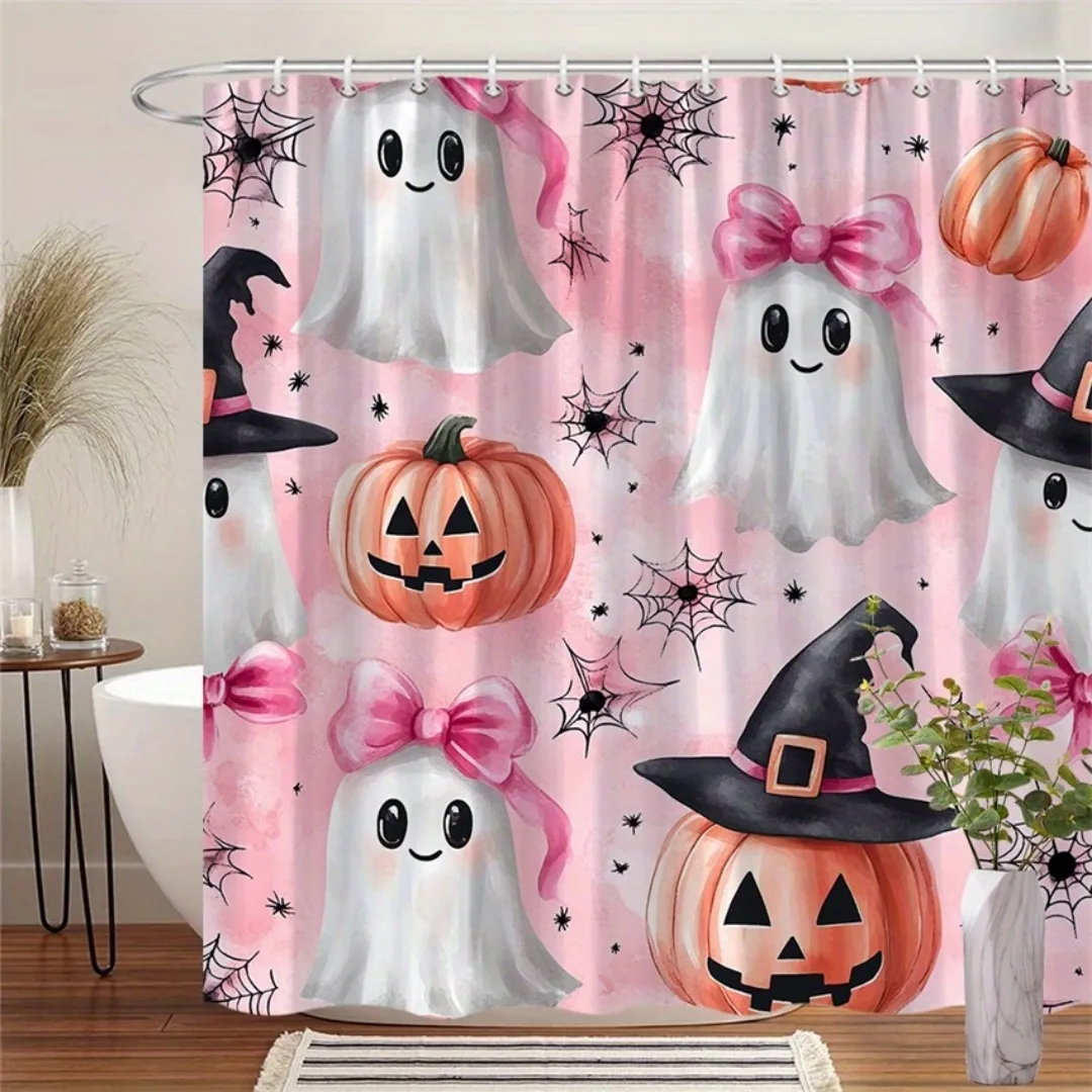 

Розовая занавеска для душа Happy Halloween с принтом тыквы-призрака, водонепроницаемая полиэстеровая занавеска для ванной для украшения ванной комнаты на Хэллоуин
