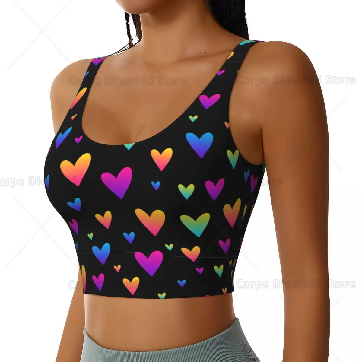Rainbow Hearts Black Scoop Neck Sports Bras Removable Pads Yoga Outfit Crop Gym Top U Back Exercise Women Clothing