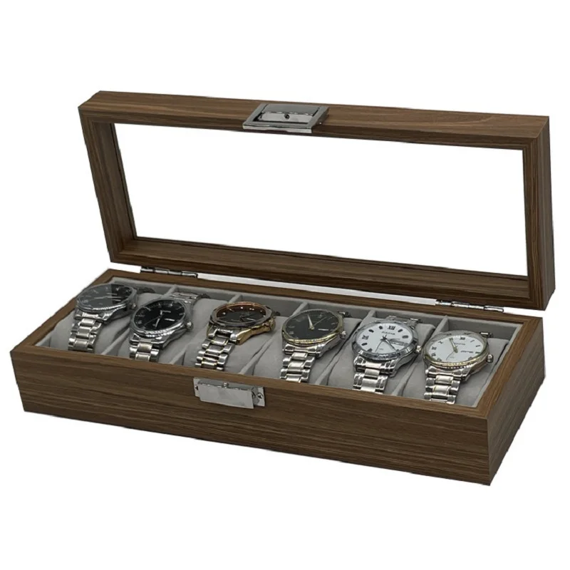 WELLZONE New Style China Retro Walnut Color 6 Poistions Watch Box Solid Wood Watch Case With Lock