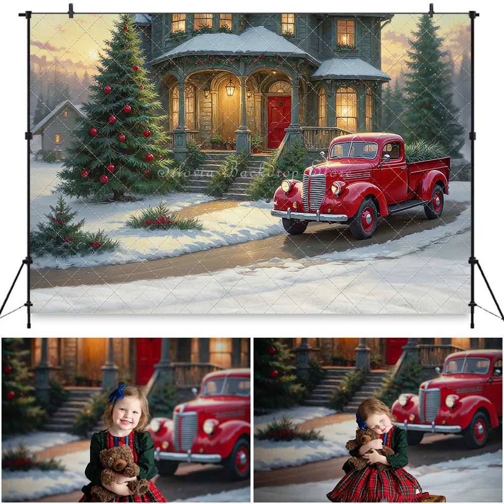 Evergreen Estate Photography Backdrop Christmas Winter Snow Photocall Photo Background Xmas Tree Red Truck Photo Studio Props