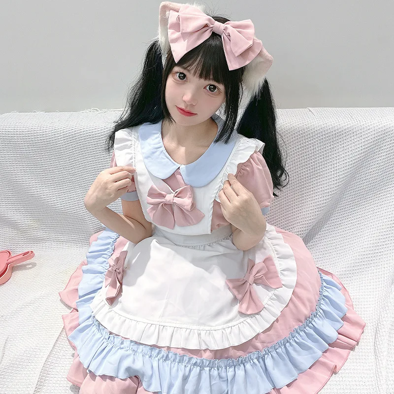 Japanese Fashion Long Sleeved Kawaii Maid Lolita Dress Summer New Short Sleeve Sweet Cute Coffee Shop Clothing Women's Dress Y2k