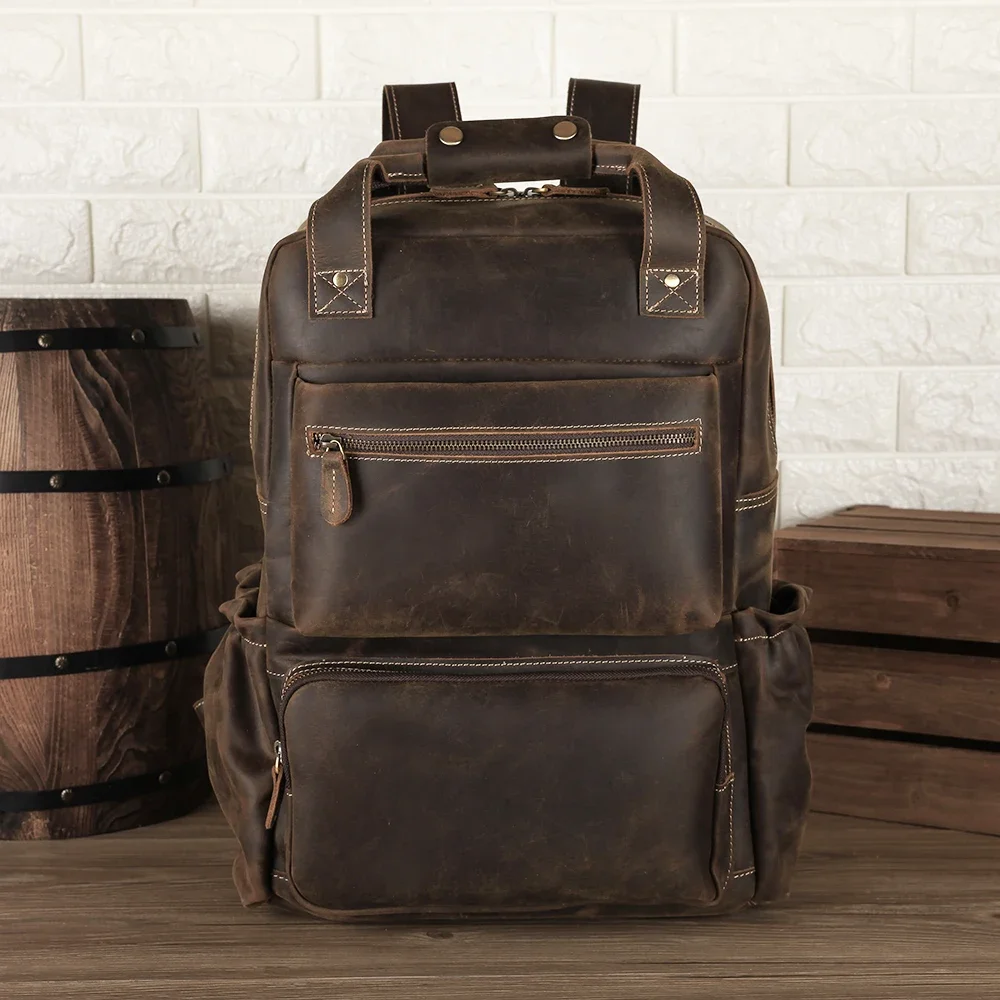 Tiding Vintage Style Durable Men Brown Cowhide Genuine Cow Leather 15 Inch Travel Laptop Real  Backpack