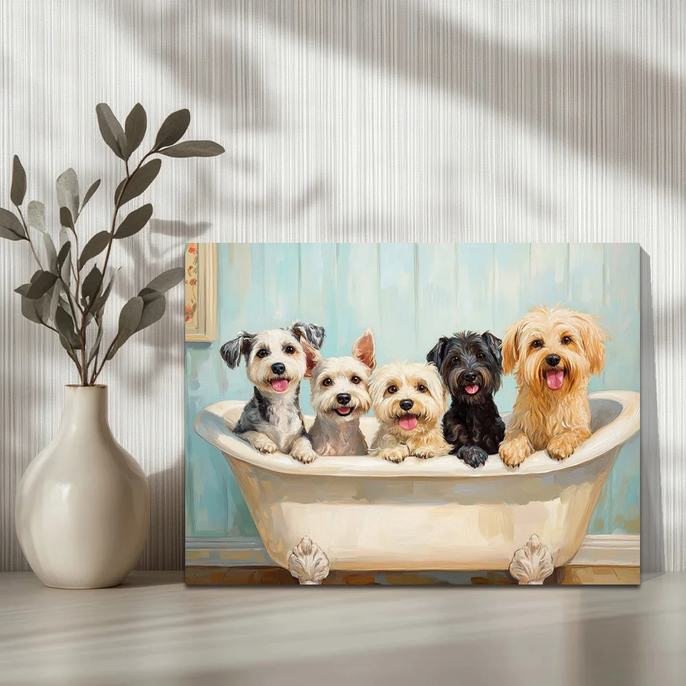 1pc,Five Different Breeds Of Dogs In A Vintage Bathtub B, Modern Canvas Wall Art, Holiday Gift, Framed, 16x12inch