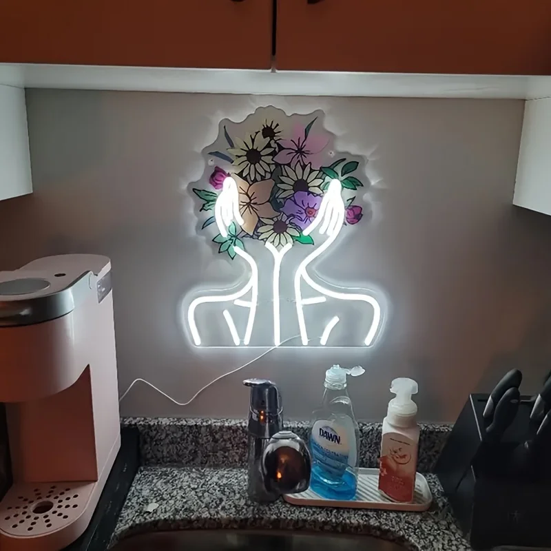 Hands Holding Flowers Neon Sign Artistic Wall Decor for Living Room Bedroom Wedding Home Decor USB Dimmable Modern Light Art