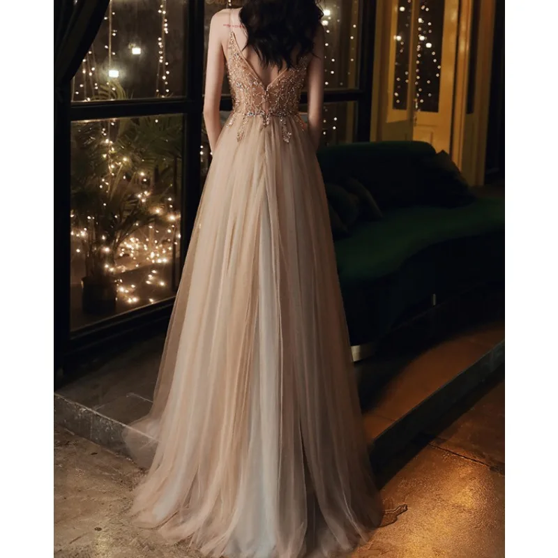 Luxury Champagne Prom Dress For Women 2025 Annual Party Birthday Party Immortal Long Temperament Banquet Evening Dress