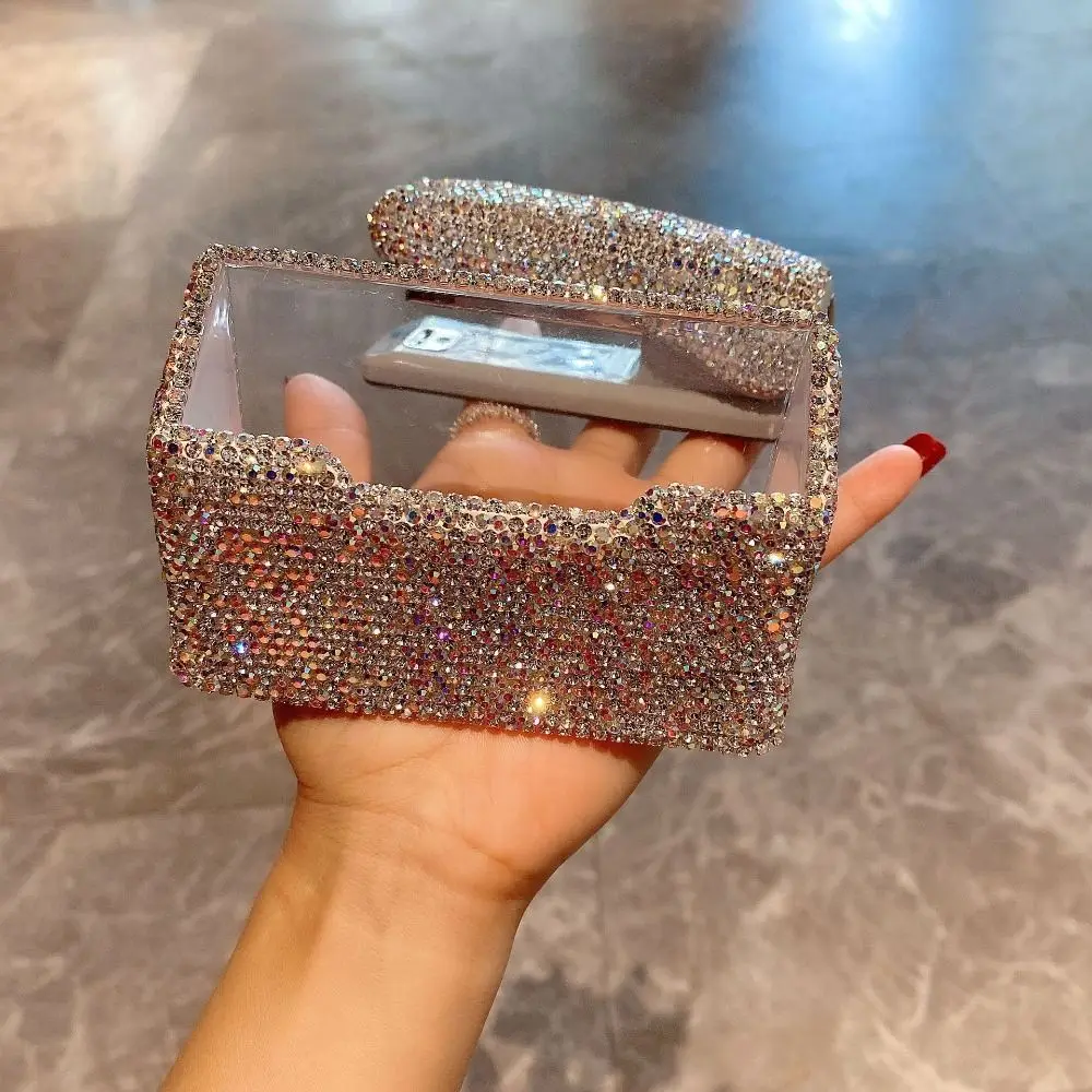 Fashion Rhinestone-inlaid Business Card Holder Acrylic Square Name Card Case Card Storage Elegant Table Top Organizer Gift