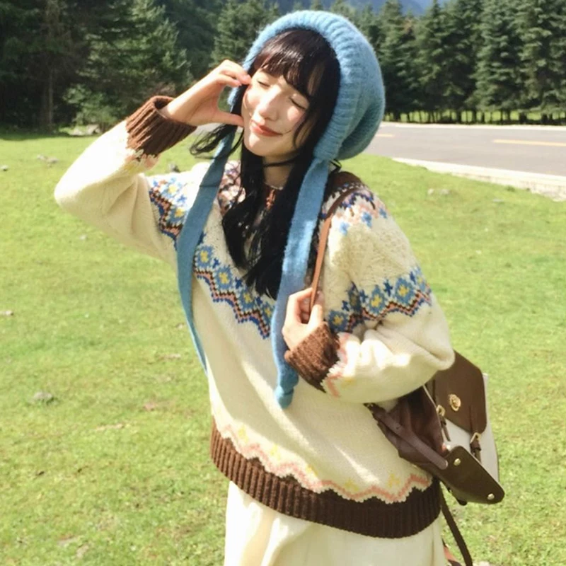 

Fashion Print Y2K Knitted Sweater Woman 2025 Autumn New Lazy Style Retro O-Neck Pullovers Korean Streetwear Warm Tops Jumpers