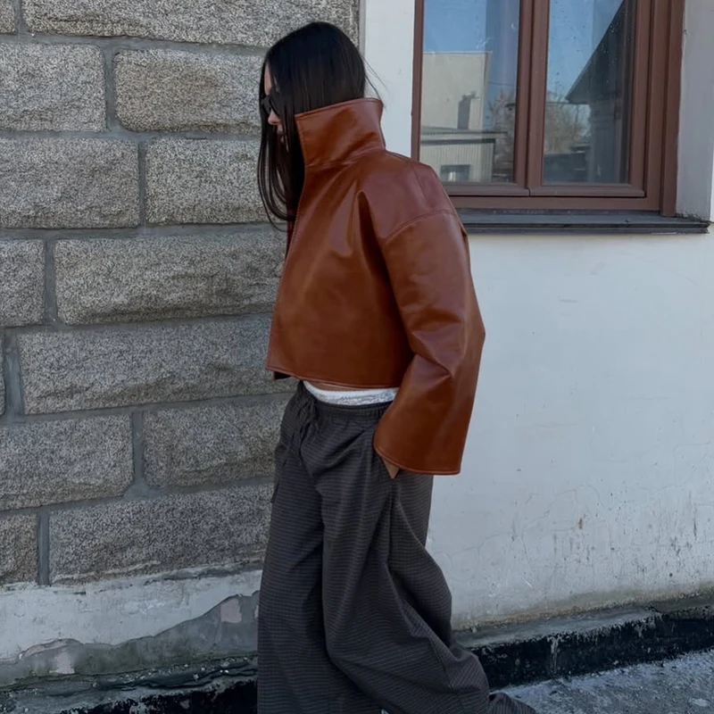 Rollkragen-Kurzjacke aus Kunstleder für Damen, Oversize-Streetwear mit Langen Ärmeln, Einfarbig, Locker Sitzende Mäntel, Schicke Damen-Oberbekleidung, Neue Kollektion – Detail 26