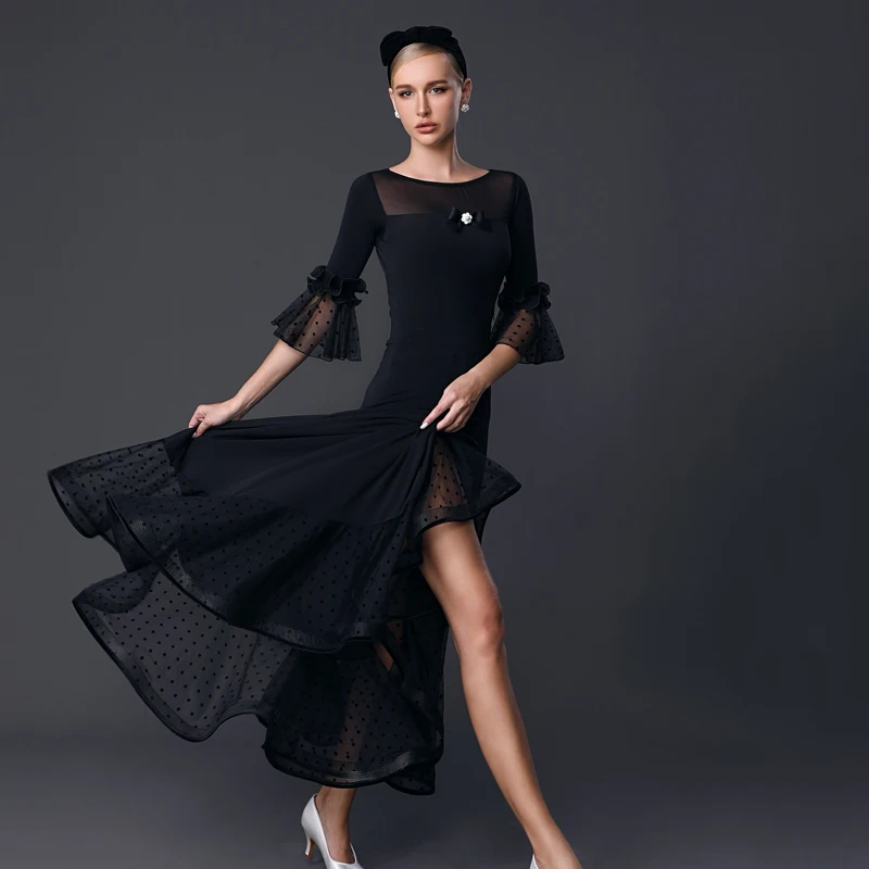 Vêtements de danse pour salle de bal pour femmes, manches courtes, hauts de danse latine, jupe en maille, robes de concours de danse latine pour adultes, nouvelle collection 2023, SL9374