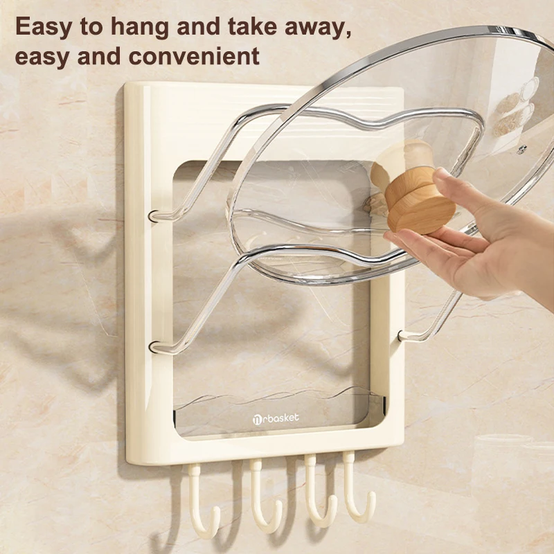 Pot Lid Holders For Kitchen Cabinet, New Wall Mounted Hole Free Pot Lid Organizer With 4 Hooks(Beige)