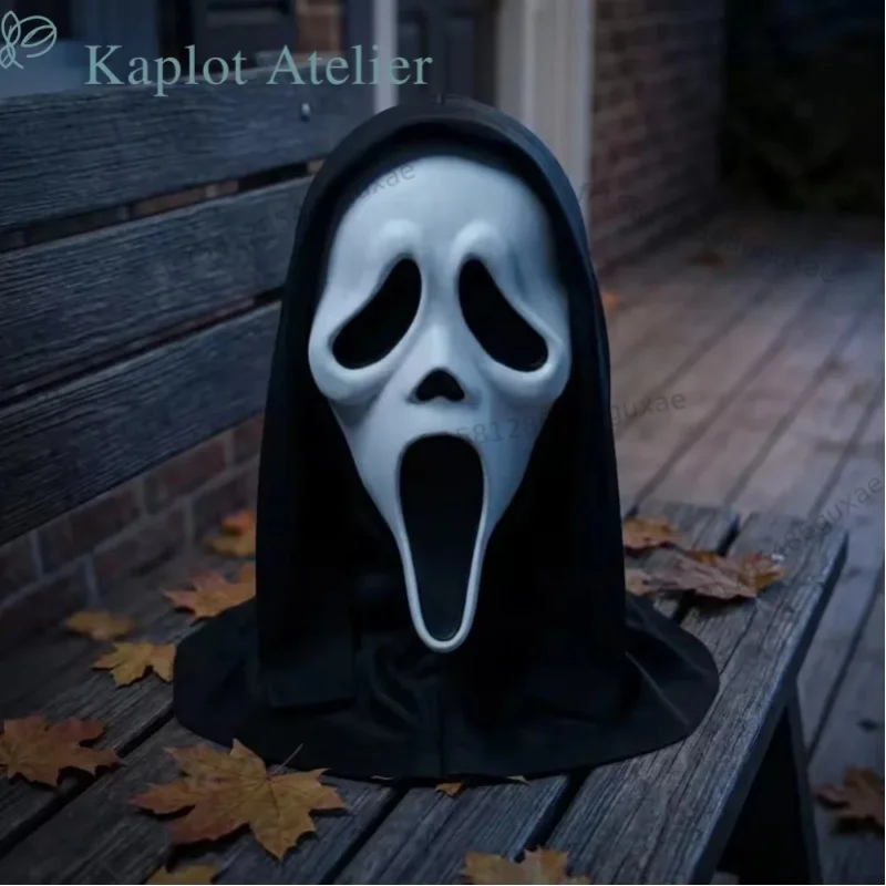 Klassische Scream Ghostface Vollkopf-Latexmaske, realistisches Horror-Grimassen-Gesicht, gruseliges Scherz-Accessoire, angenehm zu tragen, Cosplay-Kostüm-Requisite für Halloween-Party, Karneval,