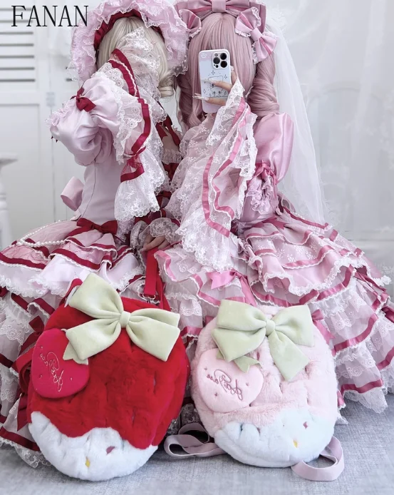 

Рюкзаки в стиле Лолиты для девочек, клубничный кремовый плюшевый милый повседневный очаровательный рюкзак Kawaii с вышивкой для женщин, милый зимний рюкзак