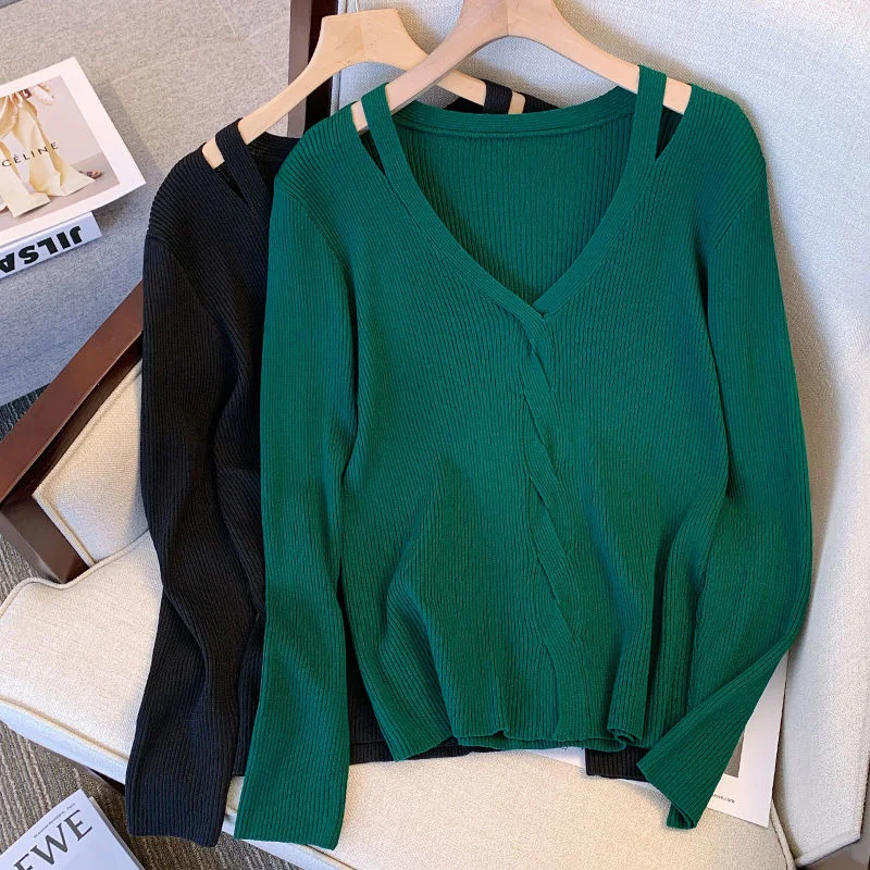 2022 Large Women's Clothing Autumn Winter Off Should V-neck Knitted Sweater Criss-cross L-4XL Oversize Simple Green Chic Jumpers